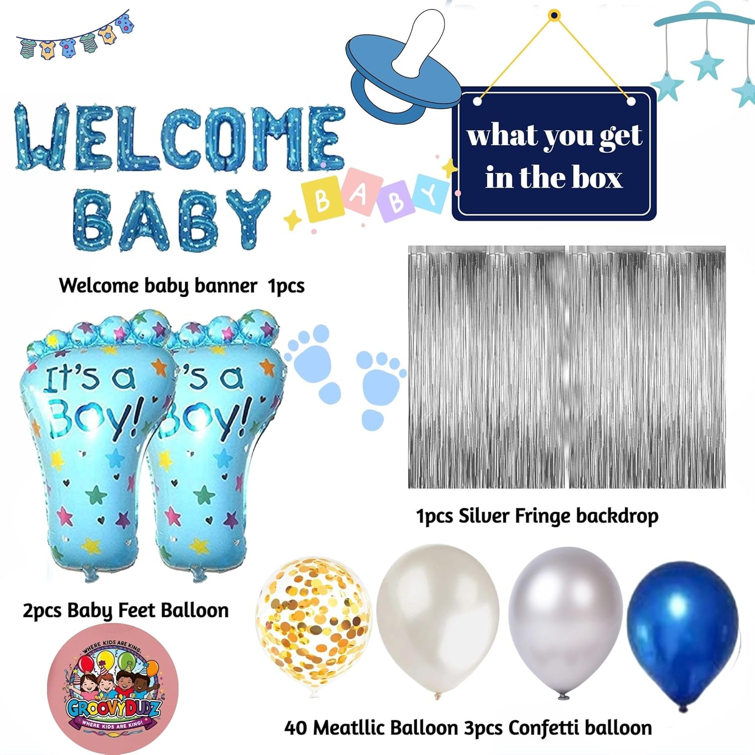 Welcome Baby Decoration Kit for Boys – Blue Theme Baby Shower & Newborn Welcome Set, Baby Feet, Metallic Balloons, Confetti & Silver Fringe Backdrop