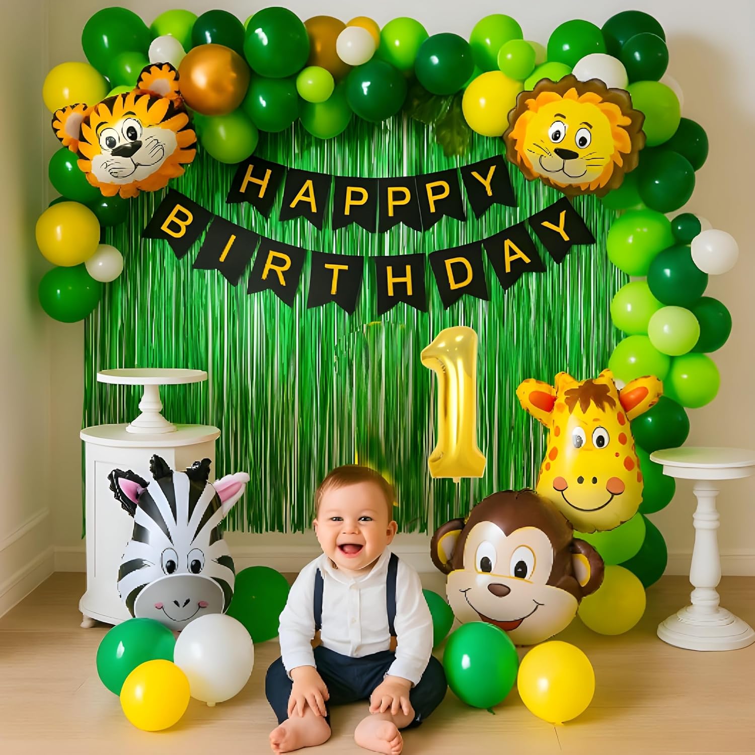 jungle Theme Birth day Decorations for Boys – 50Pcs 1st Birth day Party Kit with Balloons, Banner, Safari Animals & Party Supplies for One Year Old Baby