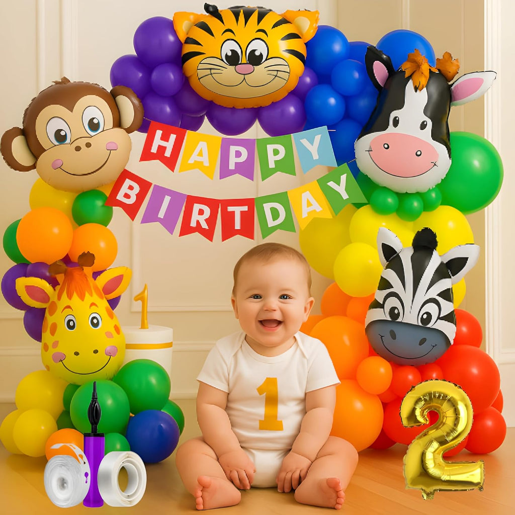 Jungle Theme 2nd Birth day Decoration Combo – 54 Pcs Happy 2 Year Birth day Party Kit for Baby Boy & Girl with Safari Animals, Balloons, Banner & Party Accessories