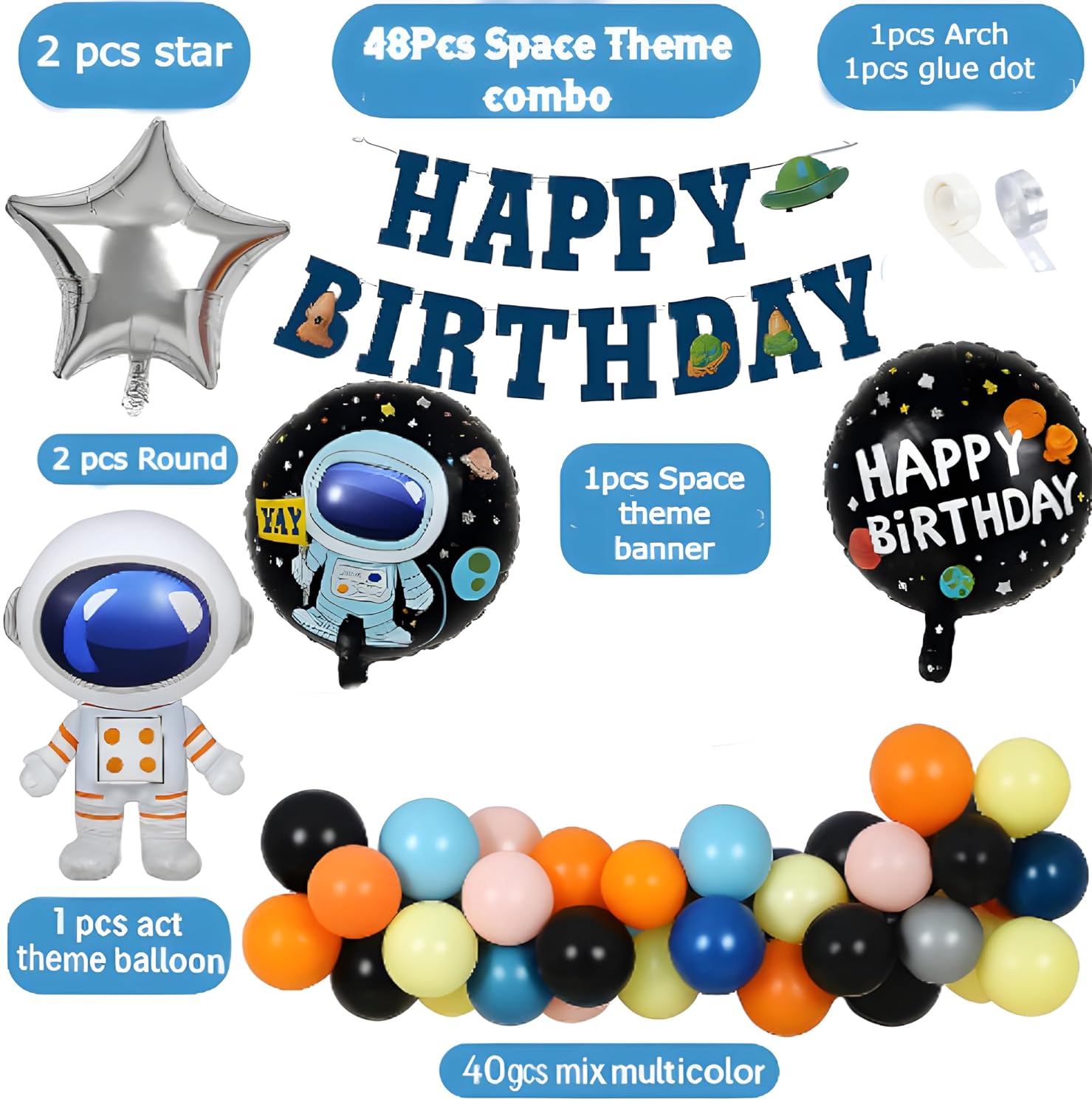 Space Birthday Party Decorations Kit, Astronaut Theme Balloon Garland with Happy Birthday Banner, Foil Balloons, Standing Cutout