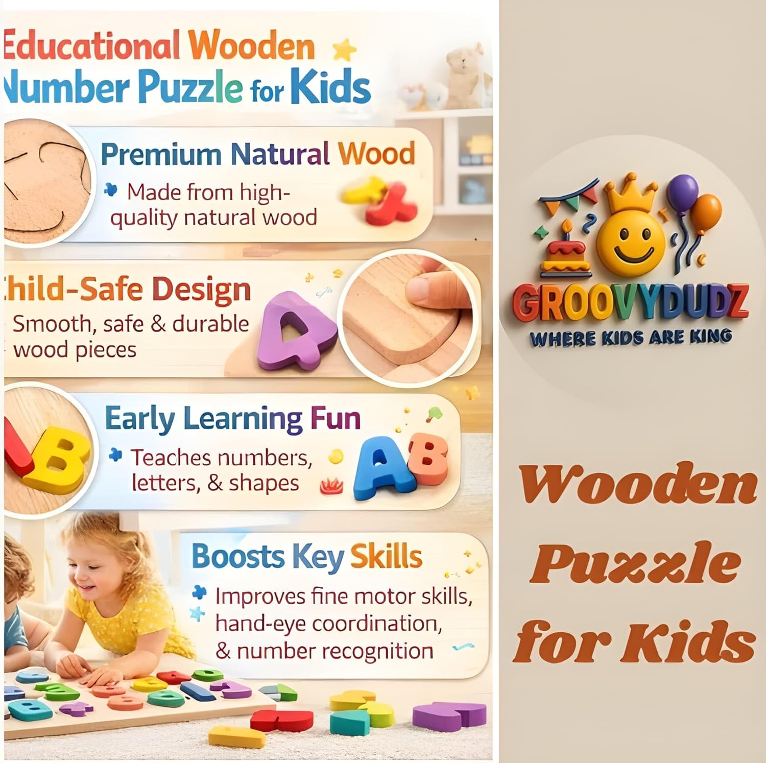 GROOVYDUDZ Wooden 3-in-1 Learning Puzzle for Toddlers 1-3 Years – ABC Alphabet, Numbers & Shapes Board | Educational Preschool Toy | Early Brain Development Gift for Boys & Girls