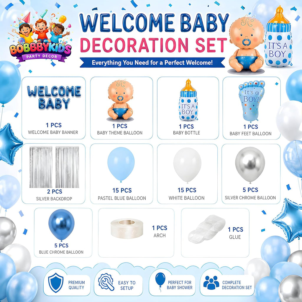 Welcome Baby Decoration Set for Newborn Celebration | Welcome Baby Banner, Theme Foil Balloon, Bottle, Feet Balloon, Silver Fringe Curtains, Blue & White Balloons
