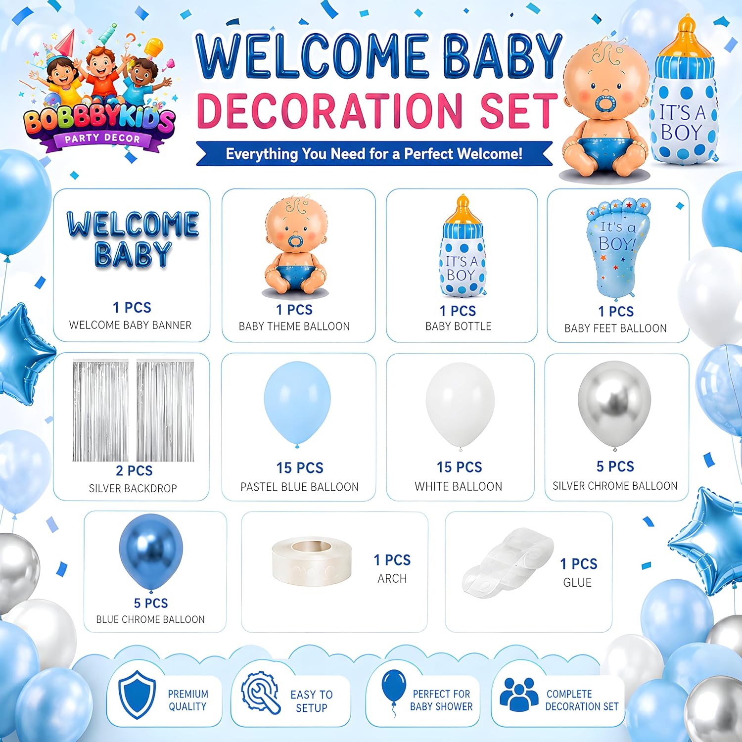 Welcome Baby Decoration Set for Newborn Celebration | Welcome Baby Banner, Theme Foil Balloon, Bottle, Feet Balloon, Silver Fringe Curtains, Blue & White Balloons