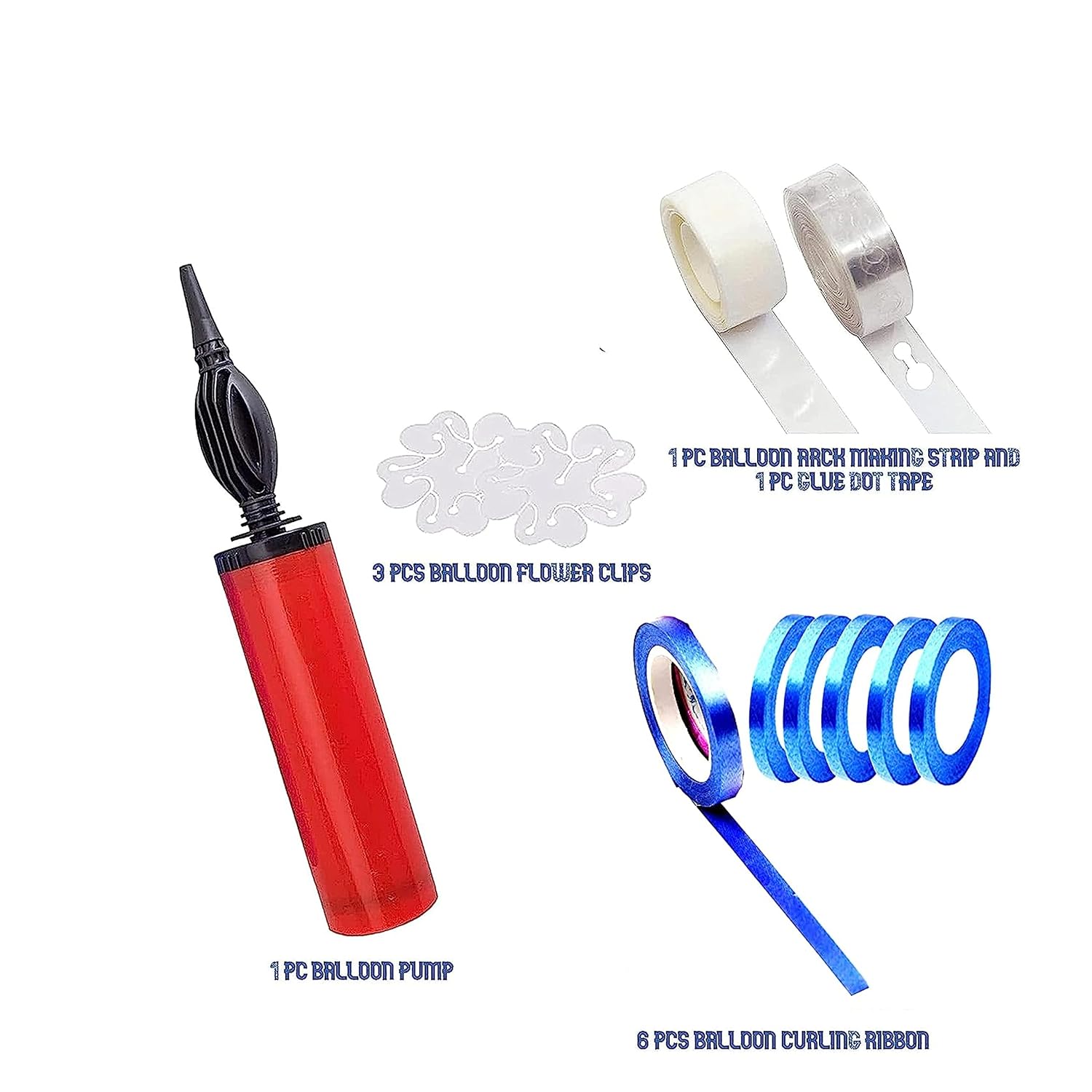Balloon Hand Pump Flower Clips Ribbon Curling Ribbon and Glue Dot Tape Combo of 12 Pcs(multicolour),material-Plastic