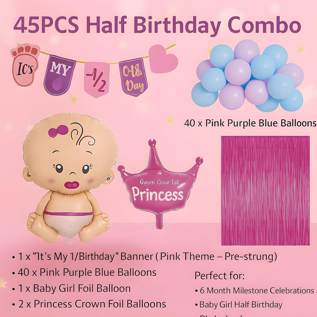 Its My Half Birth day Decorations Set For Girls, 6 Month Birth day Set Cute Decoration for Birth day | Birth day Items For Girl | Mermaid Theme Birth day |Set of 45)