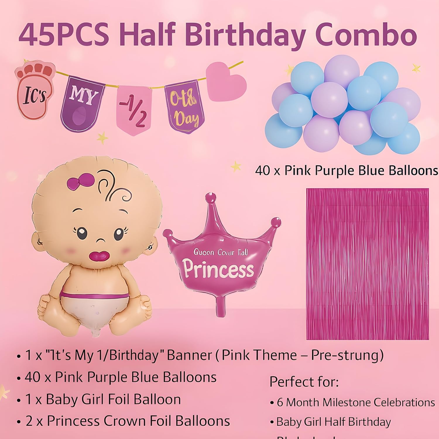 Its My Half Birth day Decorations Set For Girls, 6 Month Birth day Set Cute Decoration for Birth day | Birth day Items For Girl | Mermaid Theme Birth day |Set of 45)
