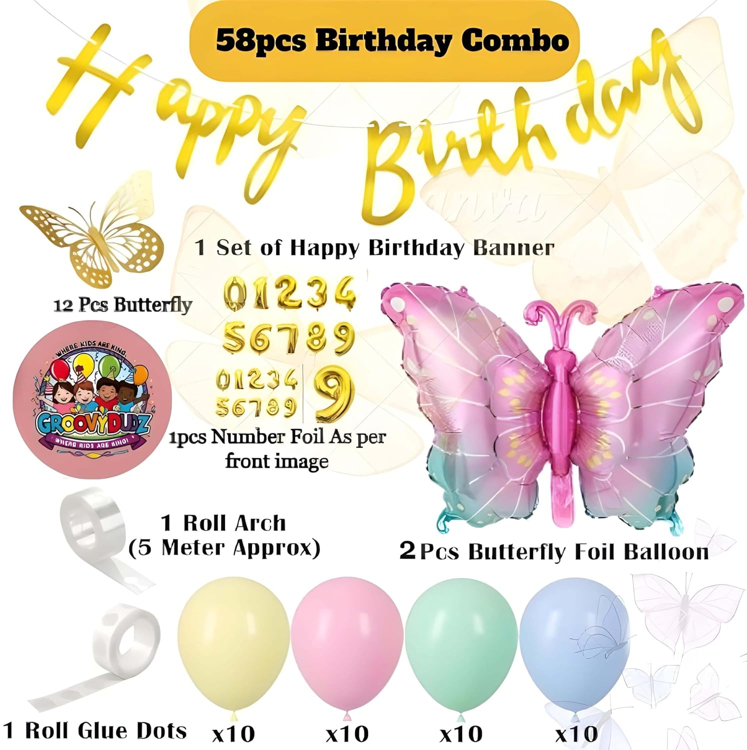 Butterfly Theme 8th Birthday Decoration Set with Happy Birthday Banner, Pastel Balloons, Butterfly Design Balloons & Arch Accessories – Girls Birthday Party Decor