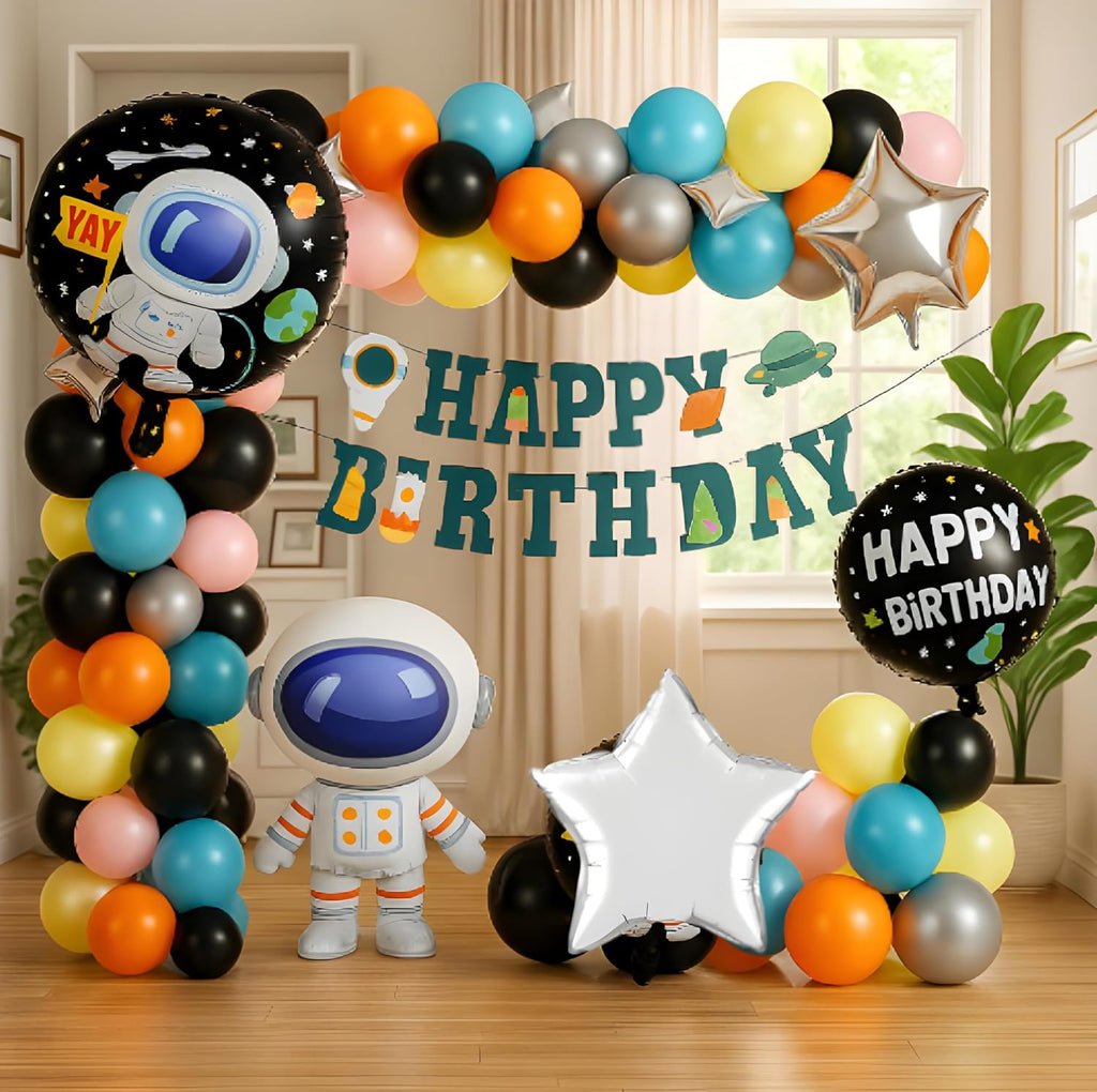 Space Birthday Party Decorations Kit, Astronaut Theme Balloon Garland with Happy Birthday Banner, Foil Balloons, Standing Cutout