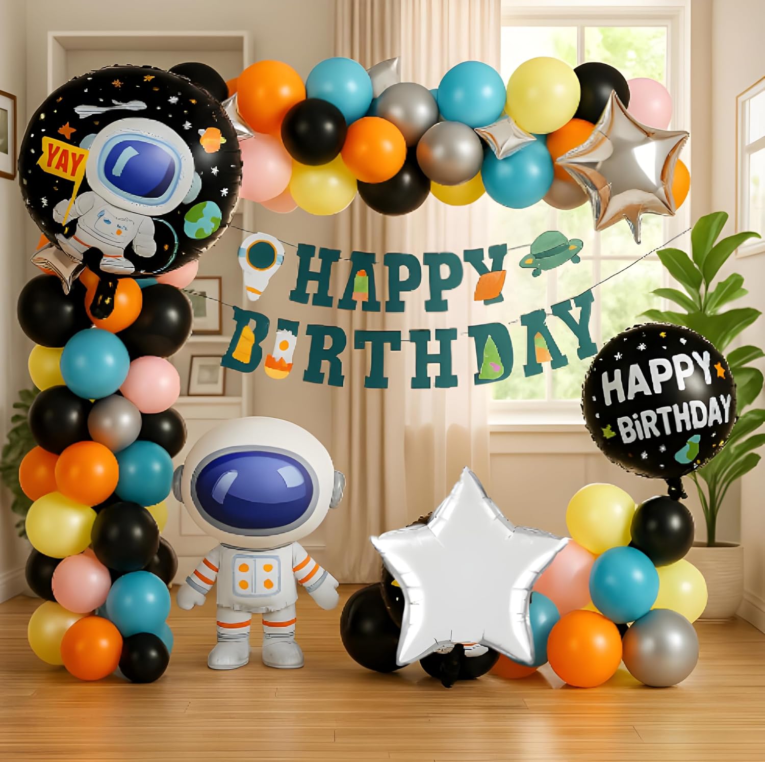 Space Birthday Party Decorations Kit, Astronaut Theme Balloon Garland with Happy Birthday Banner, Foil Balloons, Standing Cutout