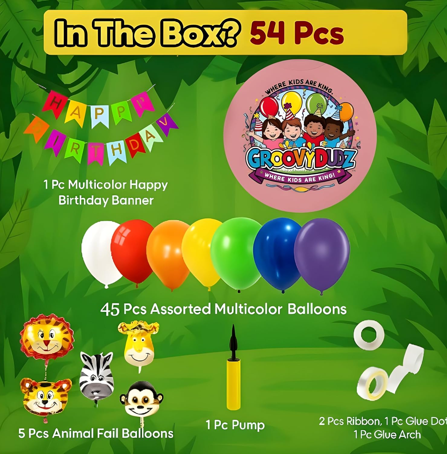 Jungle Theme 2nd Birth day Decoration Combo – 54 Pcs Happy 2 Year Birth day Party Kit for Baby Boy & Girl with Safari Animals, Balloons, Banner & Party Accessories