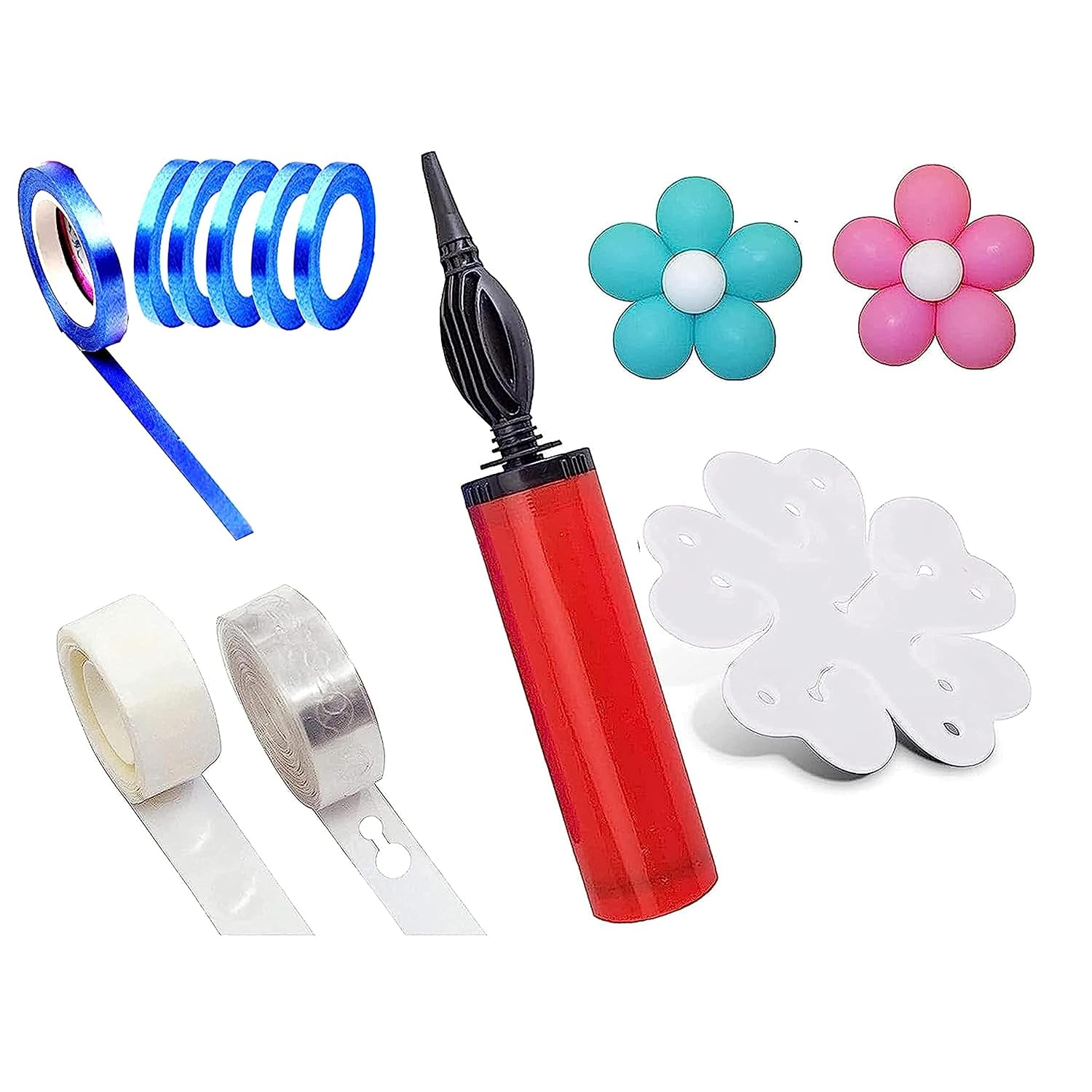 Balloon Hand Pump Flower Clips Ribbon Curling Ribbon and Glue Dot Tape Combo of 12 Pcs(multicolour),material-Plastic