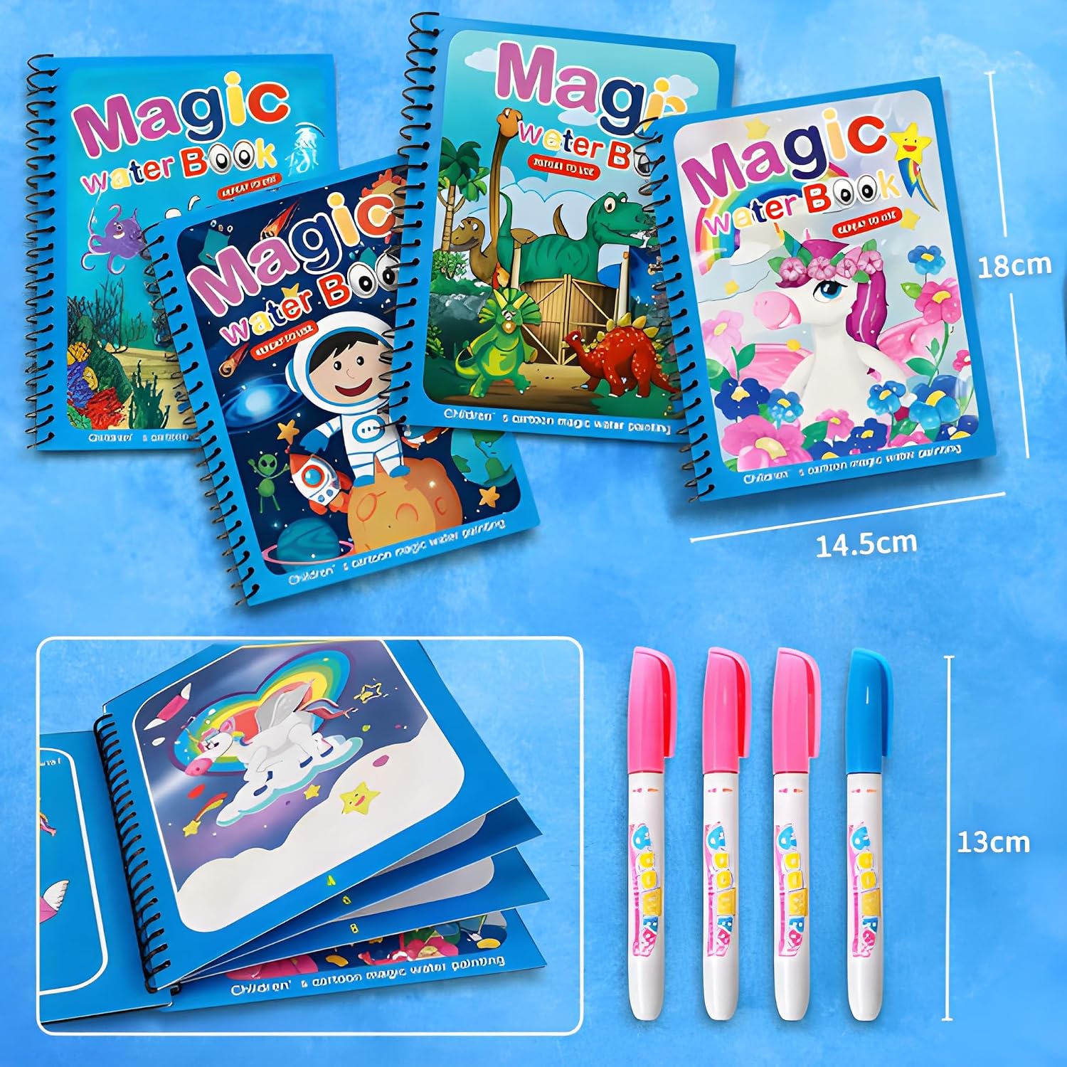 GROOVYDUDZ 4-Pack Water Magic Coloring Books with Refillable Pens | Reusable No Mess Magic Reveal Activity Book for Kids | Educational Drawing Toy, Fine Motor Skills, Quick Dry Travel Friendly