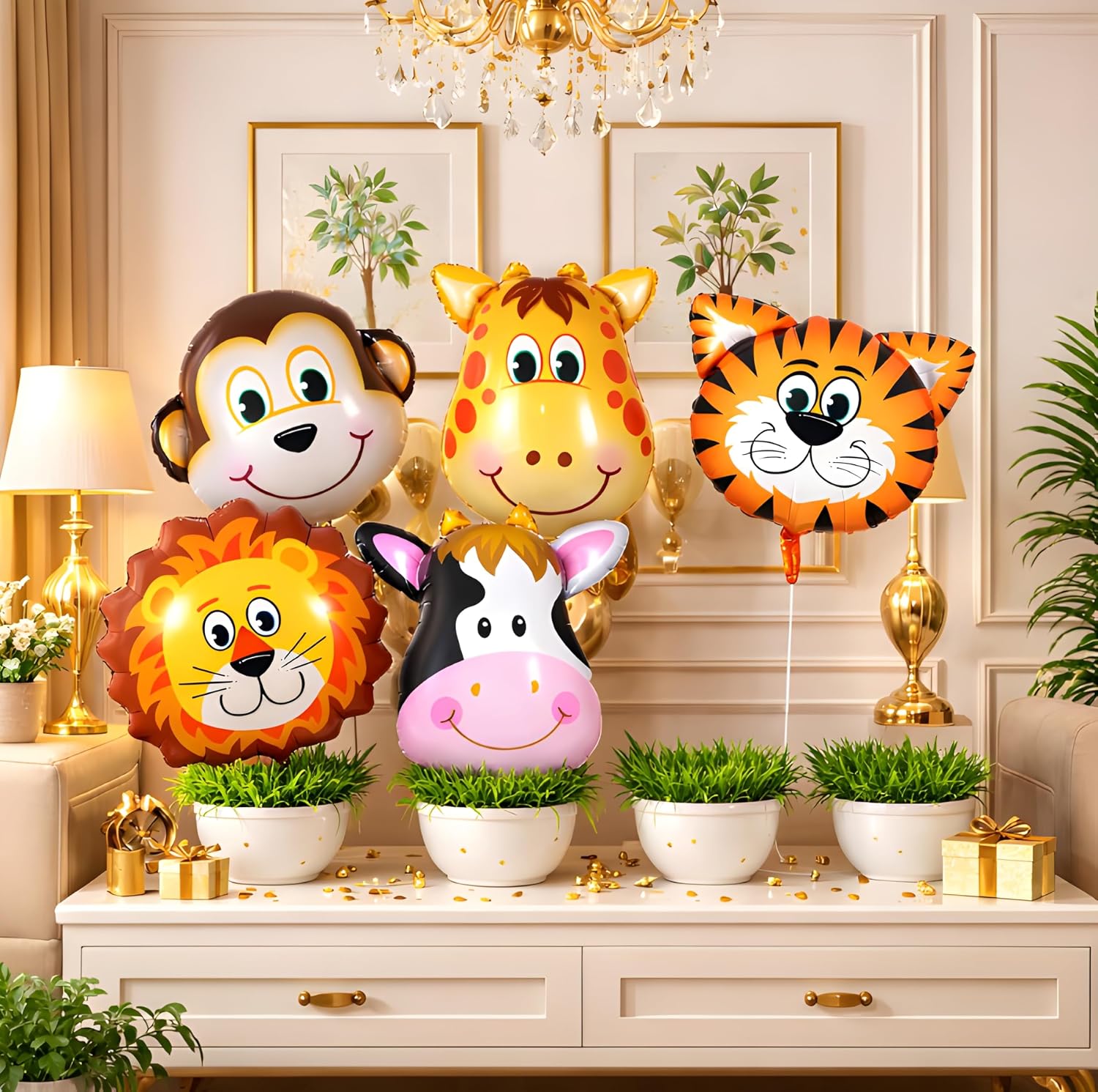 5Pcs Jungle Theme Animal Head Foil Balloons for Birthday Decoration – Lion, Tiger, Monkey, Giraffe & Cow Balloon Set, Safari Theme Party Supplies, Cartoon Animal Balloons for Boys & Girls