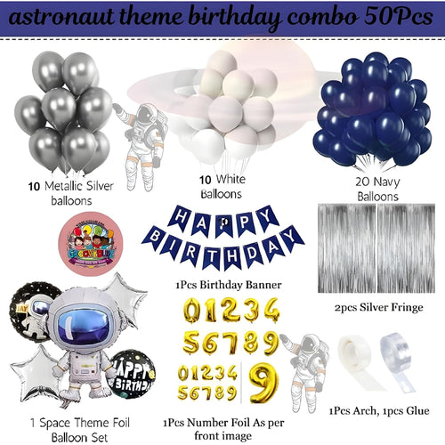 Astronaut Space Theme 9th Birthday Decoration Combo – 50 Pcs | Balloon Kit with Navy, White & Silver Balloons, Space Balloons, Birth day Banner, Silver Backdrop | Kids Boys Galaxy Birthday