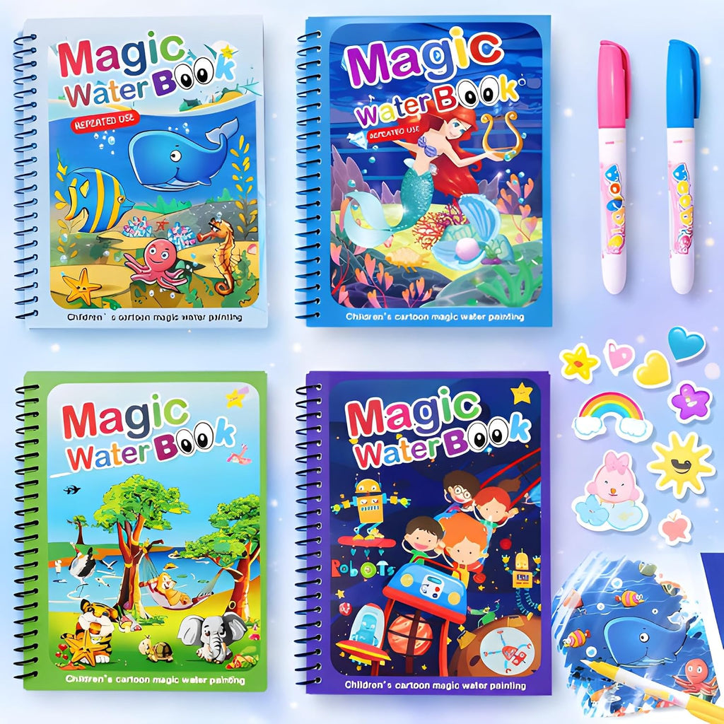 GROOVYDUDZ 4-Pack Water Magic Coloring Books with Refillable Pens | Reusable No Mess Magic Reveal Activity Book for Kids | Educational Drawing Toy, Fine Motor Skills, Quick Dry Travel Friendly