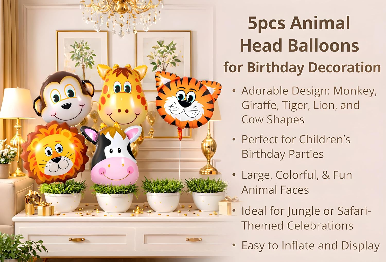 5Pcs Jungle Theme Animal Head Foil Balloons for Birthday Decoration – Lion, Tiger, Monkey, Giraffe & Cow Balloon Set, Safari Theme Party Supplies, Cartoon Animal Balloons for Boys & Girls