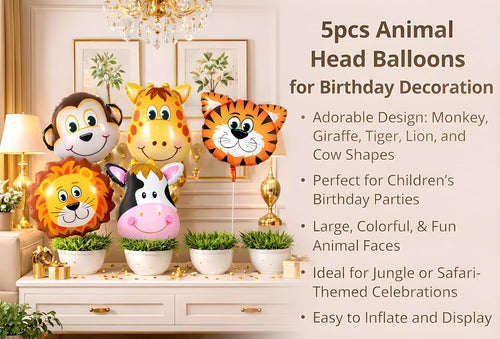 5Pcs Jungle Theme Animal Head Foil Balloons for Birthday Decoration – Lion, Tiger, Monkey, Giraffe & Cow Balloon Set, Safari Theme Party Supplies, Cartoon Animal Balloons for Boys & Girls