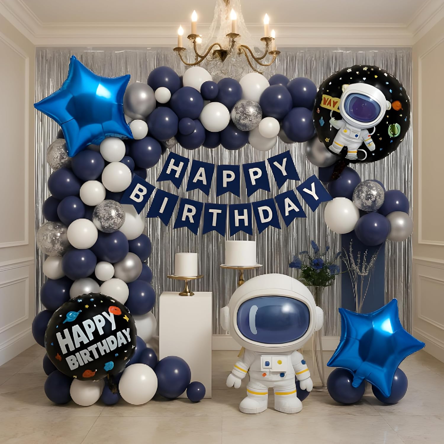 Astronaut Space Theme 9th Birthday Decoration Combo – 50 Pcs | Balloon Kit with Navy, White & Silver Balloons, Space Balloons, Birth day Banner, Silver Backdrop | Kids Boys Galaxy Birthday