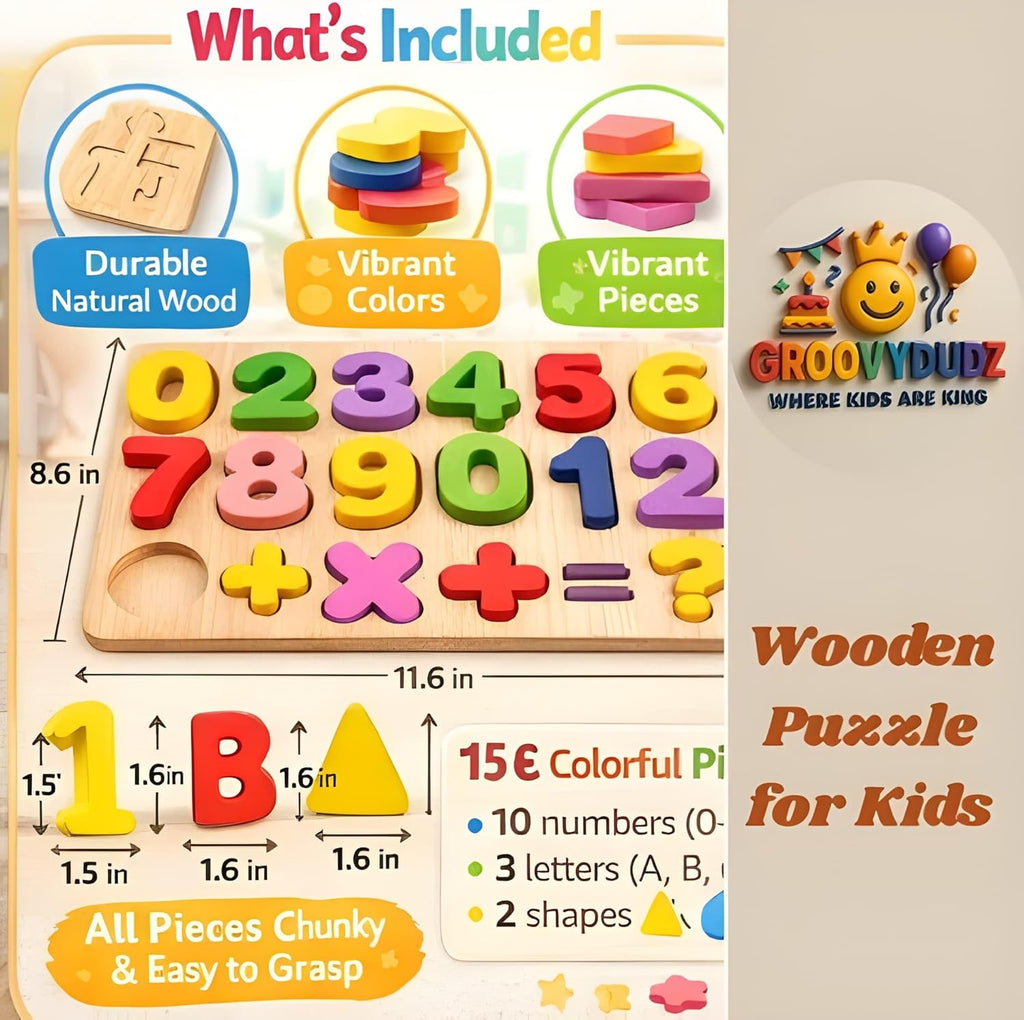 GROOVYDUDZ Wooden 3-in-1 Learning Puzzle for Toddlers 1-3 Years – ABC Alphabet, Numbers & Shapes Board | Educational Preschool Toy | Early Brain Development Gift for Boys & Girls