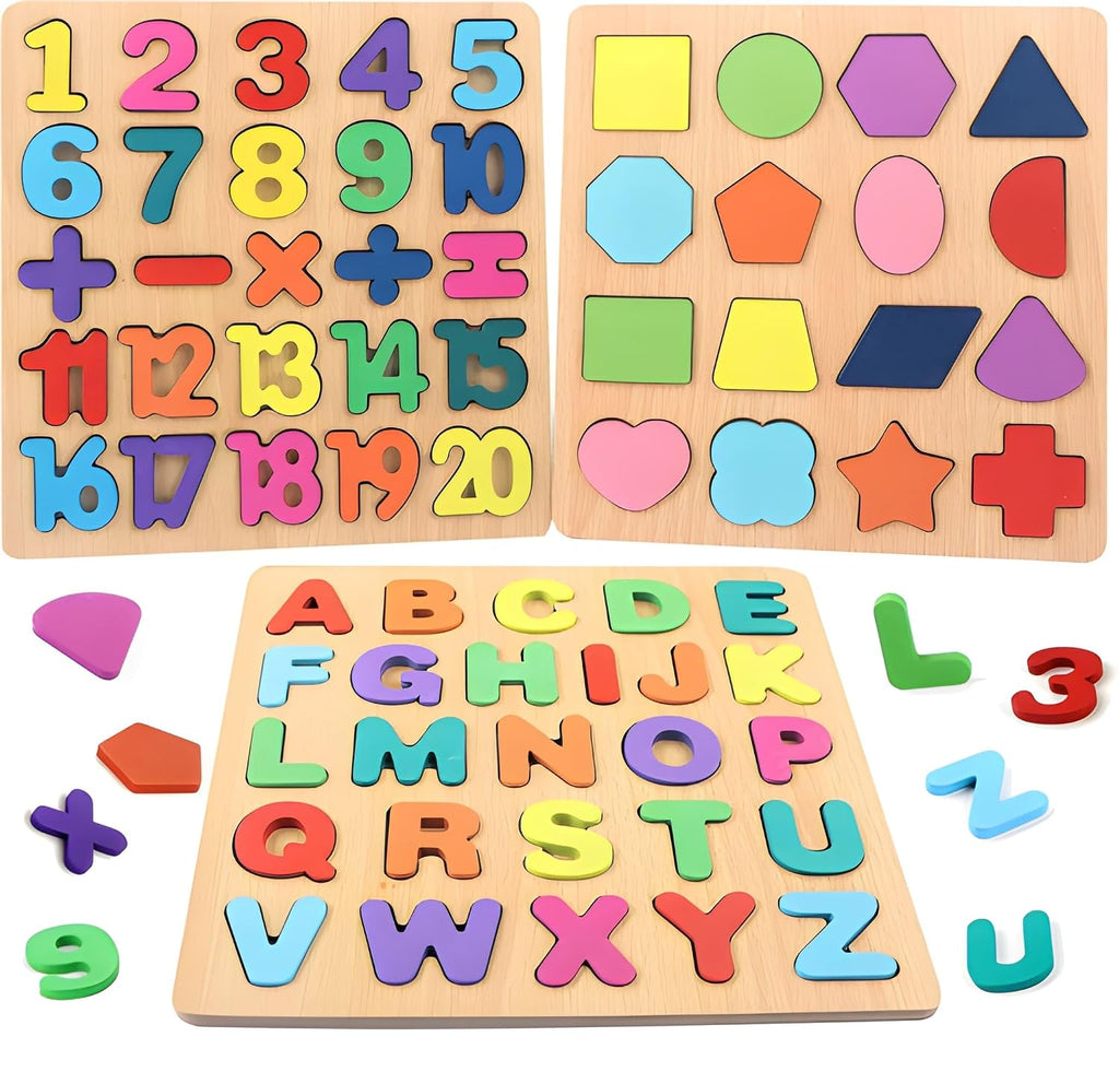GROOVYDUDZ Wooden 3-in-1 Learning Puzzle for Toddlers 1-3 Years – ABC Alphabet, Numbers & Shapes Board | Educational Preschool Toy | Early Brain Development Gift for Boys & Girls