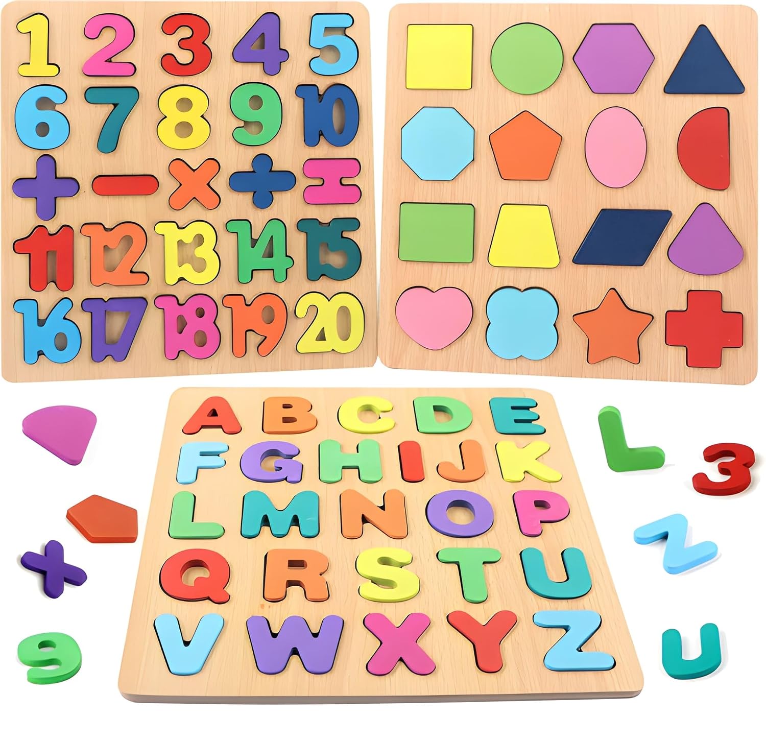 GROOVYDUDZ Wooden 3-in-1 Learning Puzzle for Toddlers 1-3 Years – ABC Alphabet, Numbers & Shapes Board | Educational Preschool Toy | Early Brain Development Gift for Boys & Girls