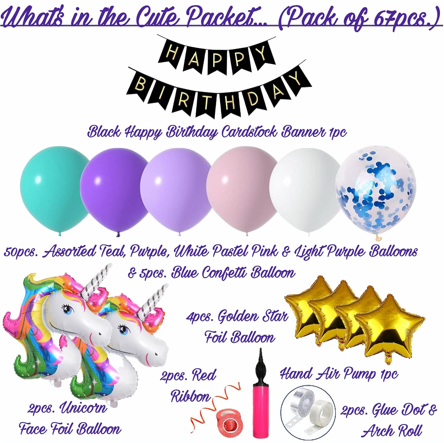 Unicorn Theme Birthday Decorations Combo Set- 67Pcs Kit with Happy Birthday Banner, Head Foil, Metallic Balloons - Happy Birthday Decoration Kit for Girls/Unicorn Birthday Decorations