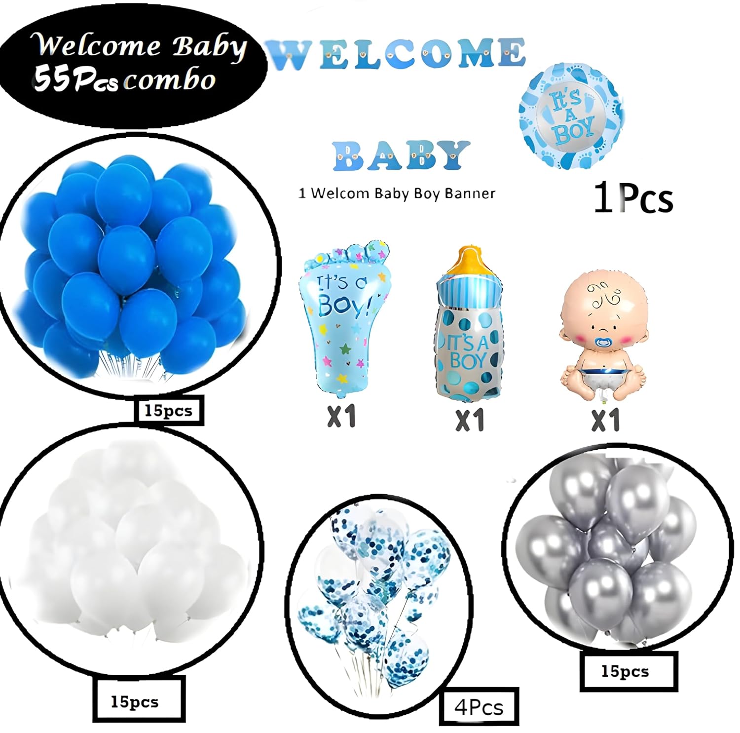 Welcome Decoration Kit For Home 54Pcs Foil Baloons Foot Bottle Shape Baloons For Kids Birthday Party New Born Theme Decoration Kit, Blue