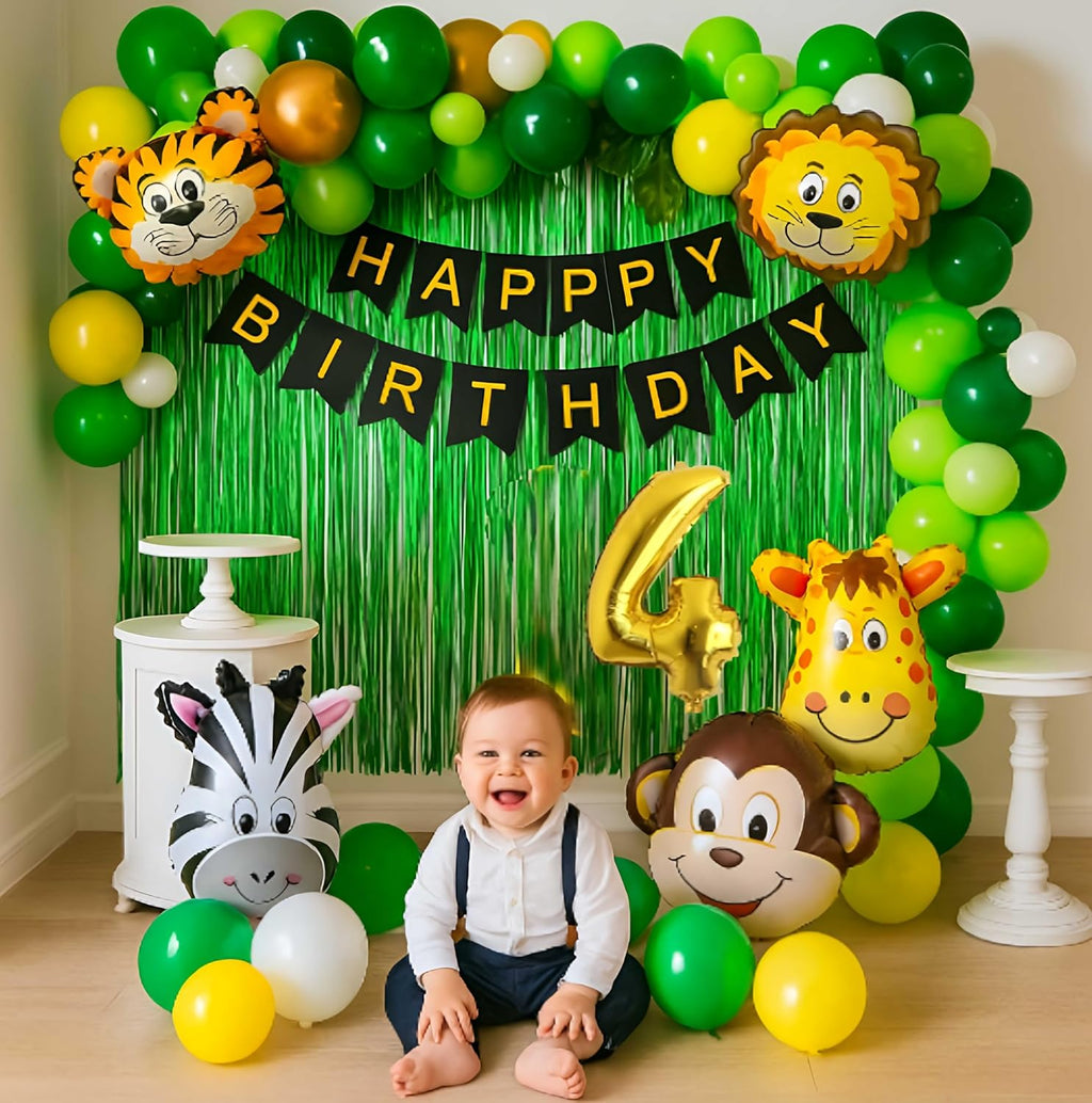 4th Jungle Theme Birth day Decoration Set – 50 PCS Wild Animal Party, Happy Birth day Banner, Green Fringe Backdrop & Latex Balloons – Safari Animal Theme Birth day Decoration for Kids