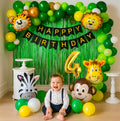 4th Jungle Theme Birth day Decoration Set – 50 PCS Wild Animal Party, Happy Birth day Banner, Green Fringe Backdrop & Latex Balloons – Safari Animal Theme Birth day Decoration for Kids