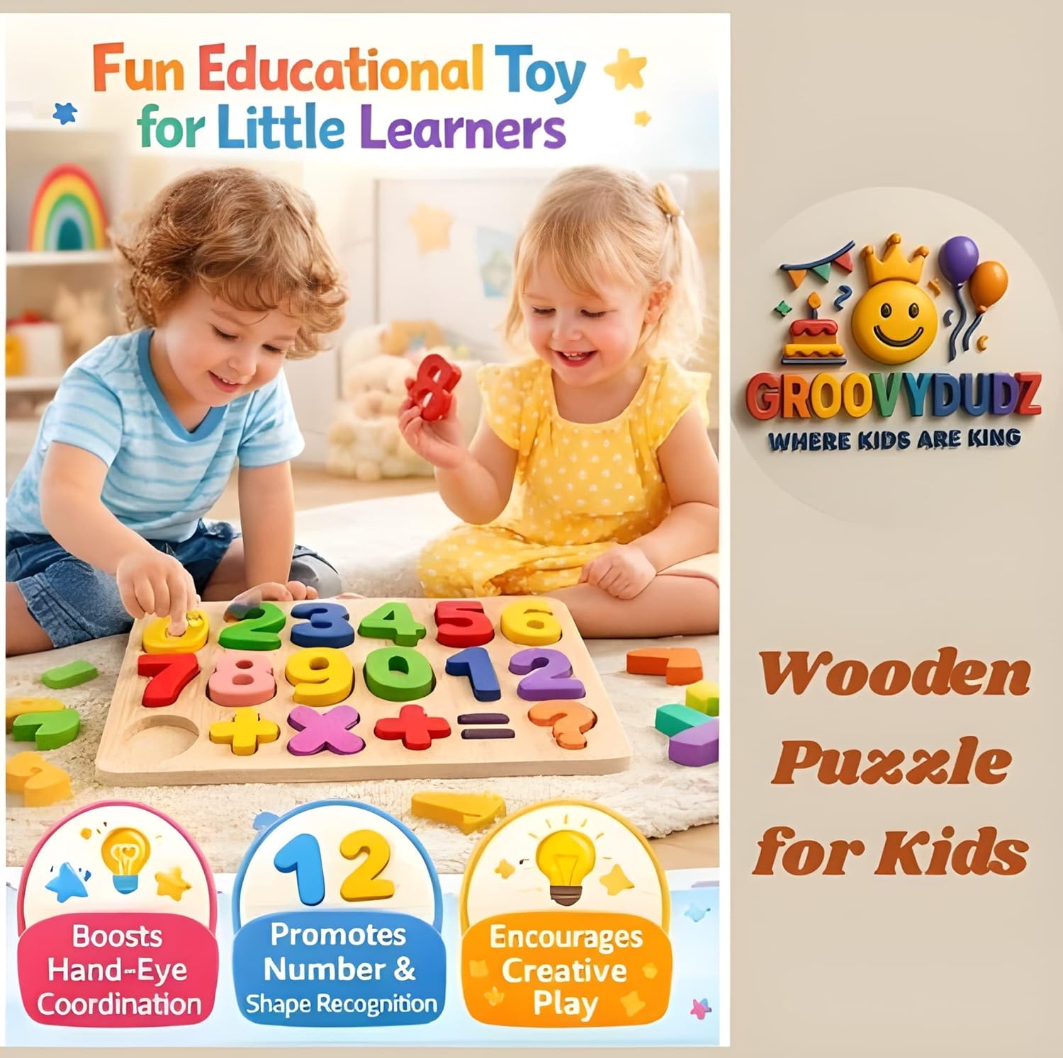 GROOVYDUDZ Wooden 3-in-1 Learning Puzzle for Toddlers 1-3 Years – ABC Alphabet, Numbers & Shapes Board | Educational Preschool Toy | Early Brain Development Gift for Boys & Girls