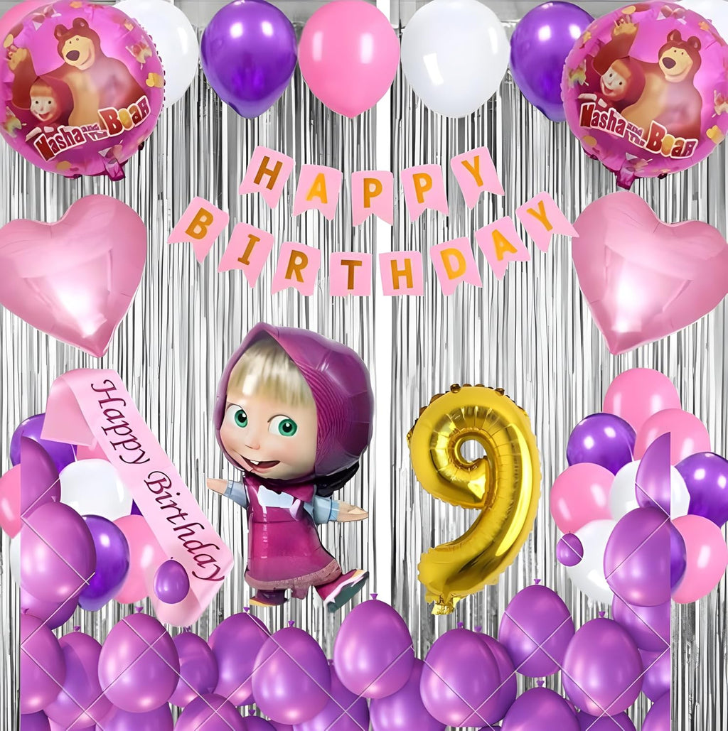 Birthday Decoration Kit for Girls - 52 Pcs | Masha Theme Party Supplies | Happy Birthday Banner, Balloons, Curtains, Foil Numbers, Masha Foil Balloon, Heart Balloons, Sash & More (1 Year) (Copy) (Copy) (Copy)