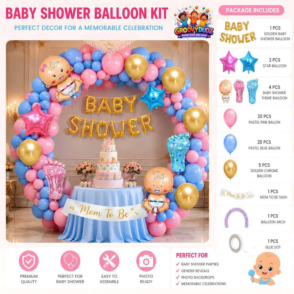 Baby Shower Decoration Kit for Mom To Be – Gold BABY SHOWER Banner, Pink & Blue Balloon Arch , Baby Theme Foil Balloons, Star Balloons, Mom To Be Sash, Glue Dots