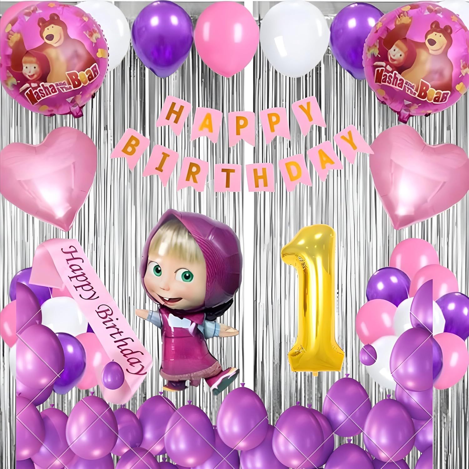 Birthday Decoration Kit for Girls - 52 Pcs | Masha Theme Party Supplies | Happy Birthday Banner, Balloons, Curtains, Foil Numbers, Masha Foil Balloon, Heart Balloons, Sash & More (1 Year)