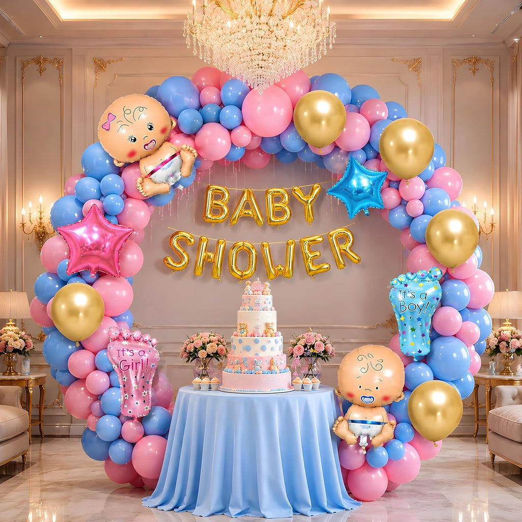 Baby Shower Decoration Kit for Mom To Be – Gold BABY SHOWER Banner, Pink & Blue Balloon Arch , Baby Theme Foil Balloons, Star Balloons, Mom To Be Sash, Glue Dots