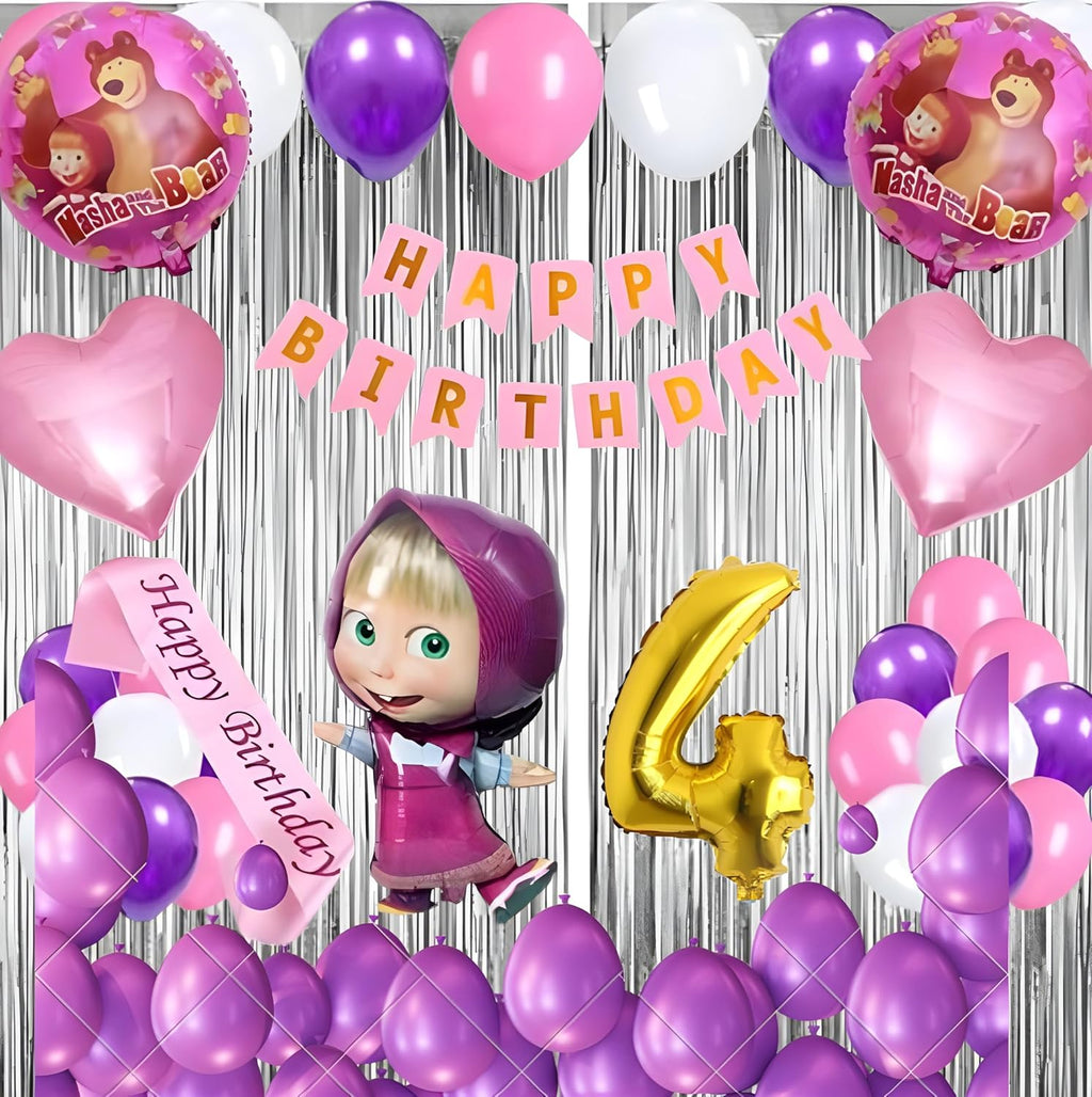 Birthday Decoration Kit for Girls - 52 Pcs | Masha Theme Party Supplies | Happy Birthday Banner, Balloons, Curtains, Foil Numbers, Masha Foil Balloon, Heart Balloons, Sash & More (1 Year) (Copy) (Copy) (Copy)