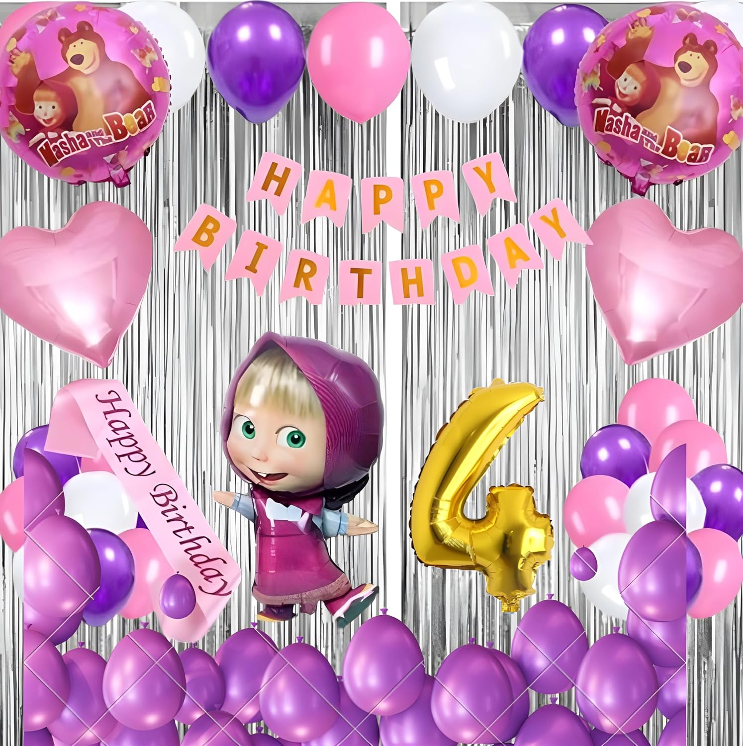 Birthday Decoration Kit for Girls - 52 Pcs | Masha Theme Party Supplies | Happy Birthday Banner, Balloons, Curtains, Foil Numbers, Masha Foil Balloon, Heart Balloons, Sash & More (1 Year) (Copy) (Copy) (Copy)