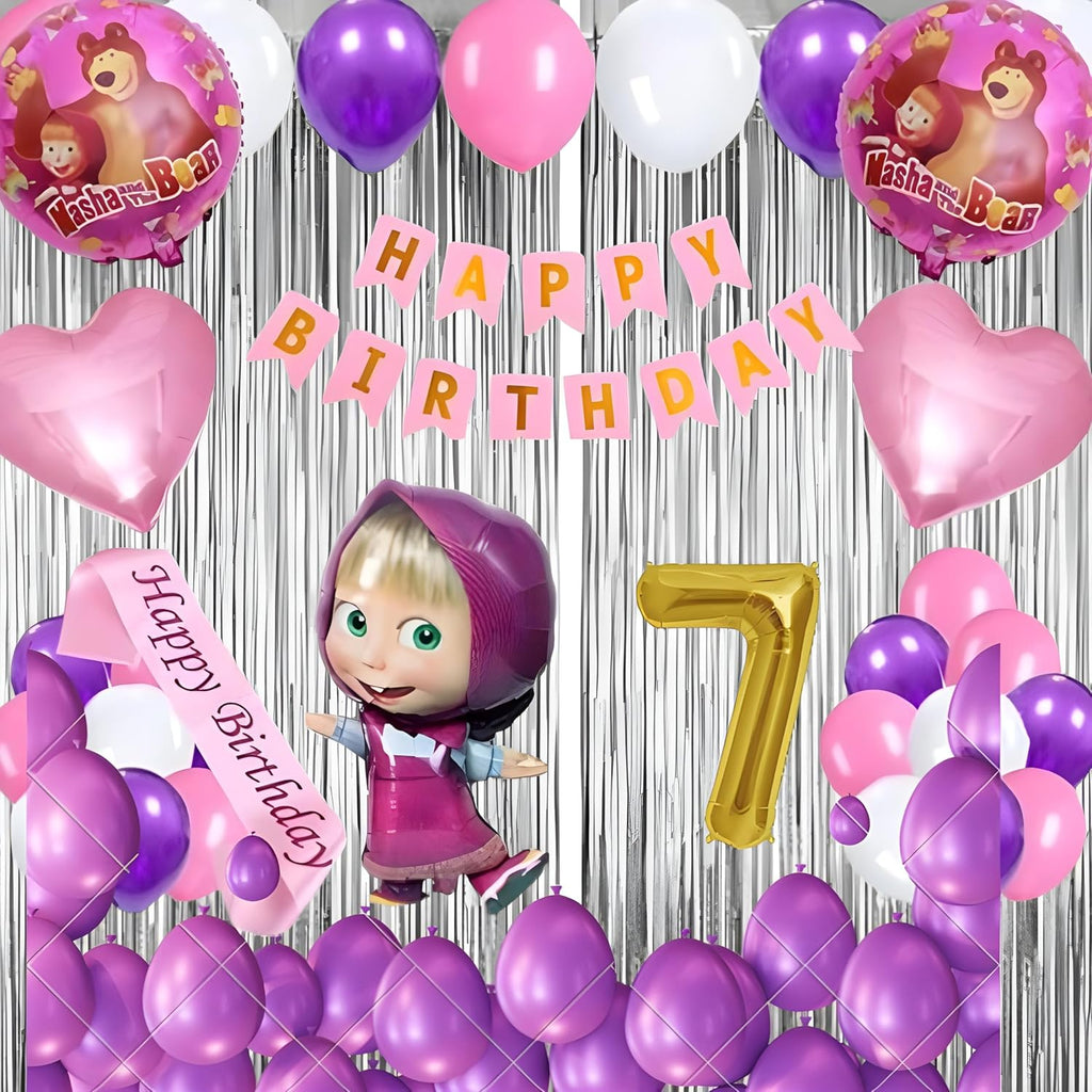 Birthday Decoration Kit for Girls - 52 Pcs | Masha Theme Party Supplies | Happy Birthday Banner, Balloons, Curtains, Foil Numbers, Masha Foil Balloon, Heart Balloons, Sash & More (1 Year) (Copy) (Copy) (Copy)