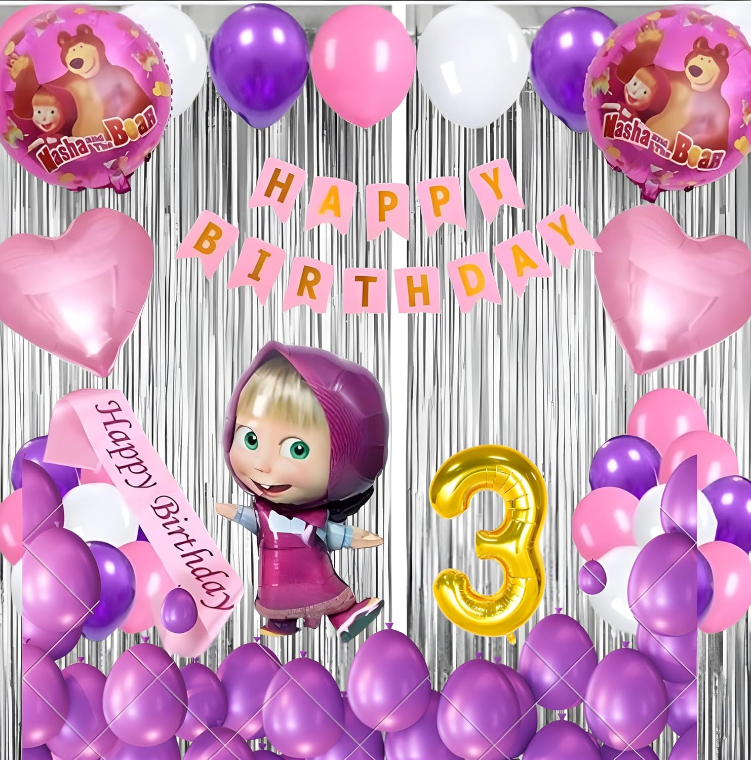 Birthday Decoration Kit for Girls - 52 Pcs | Masha Theme Party Supplies | Happy Birthday Banner, Balloons, Curtains, Foil Numbers, Masha Foil Balloon, Heart Balloons, Sash & More (1 Year) (Copy) (Copy)