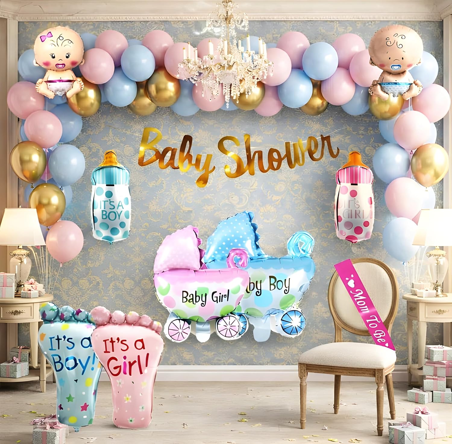 Baby Shower Decoration Items Set-55Pcs Baby Shower Party Decoration Items with Pastel Balloon,Pram Balloon theme Party Decoration Items