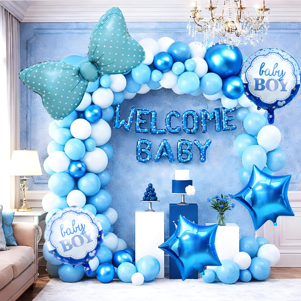 Welcome Baby Boy Decoration Kit 53 PCS – Blue Balloon Arch Set with Foil Banner, Star & Bow Balloons, Baby Boy Foil Balloon, Glue Dots & Arch Tape – Welcome Baby Decor