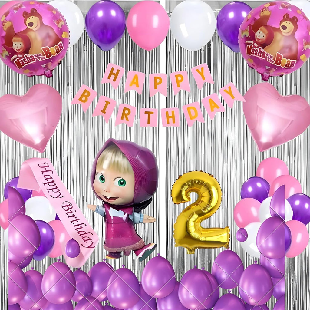 Birthday Decoration Kit for Girls - 52 Pcs | Masha Theme Party Supplies | Happy Birthday Banner, Balloons, Curtains, Foil Numbers, Masha Foil Balloon, Heart Balloons, Sash & More (1 Year) (Copy)