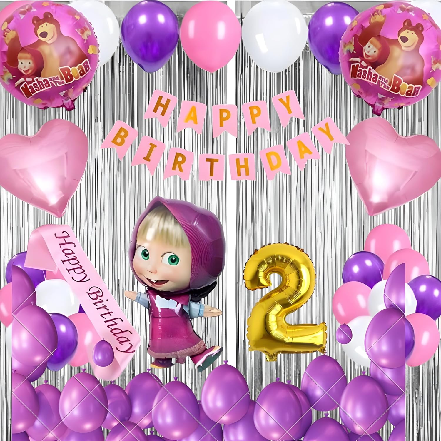 Birthday Decoration Kit for Girls - 52 Pcs | Masha Theme Party Supplies | Happy Birthday Banner, Balloons, Curtains, Foil Numbers, Masha Foil Balloon, Heart Balloons, Sash & More (1 Year) (Copy) (Copy) (Copy)