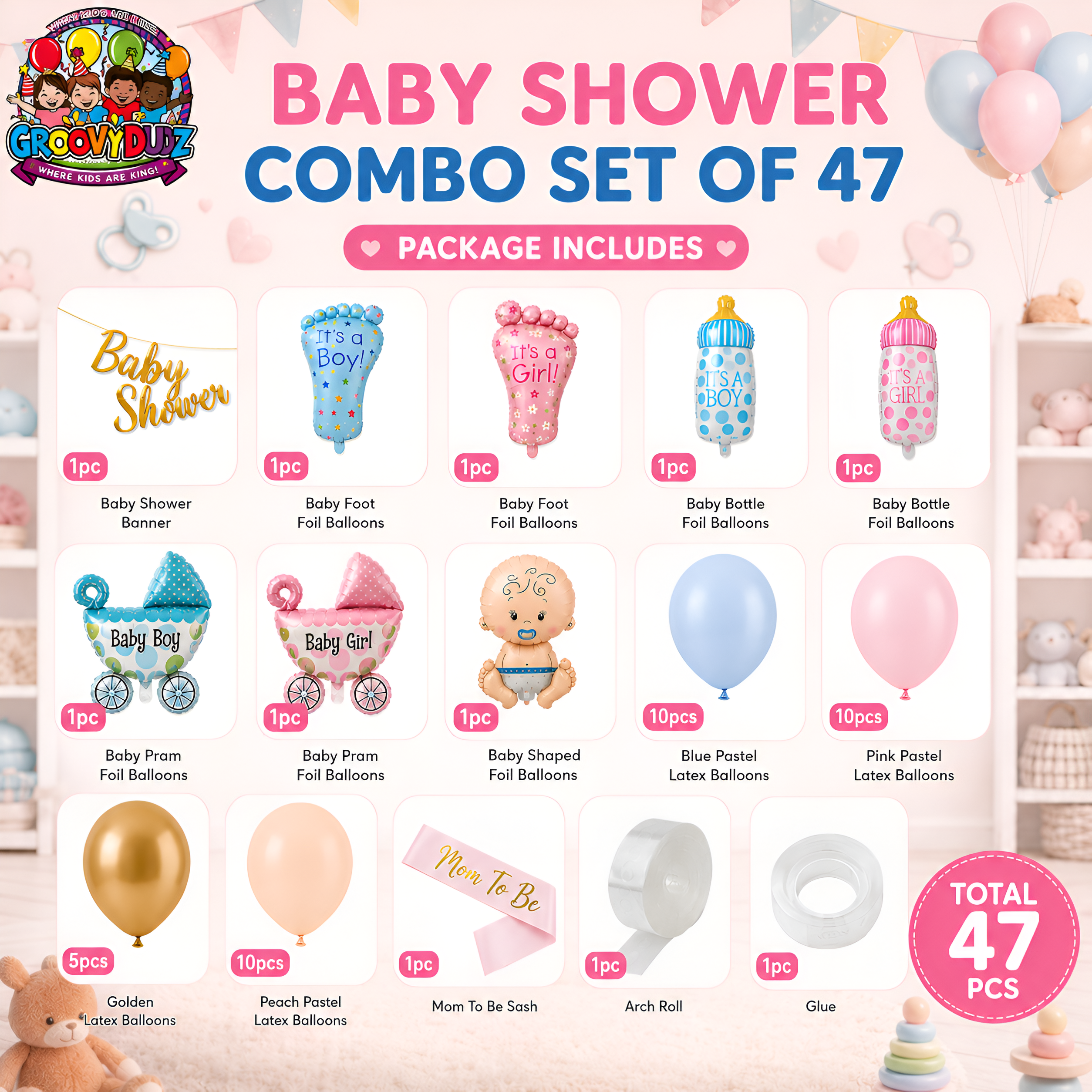 GroovyDuz Baby Shower Decoration Combo Set (47 Pieces) | Baby Shower Party Decoration Kit with Baby Shower Banner, Baby Theme Foil Balloons, Pastel Balloons, Mom-to-Be Sash, Balloon Arch Strip & Glue for Baby Welcome Celebration